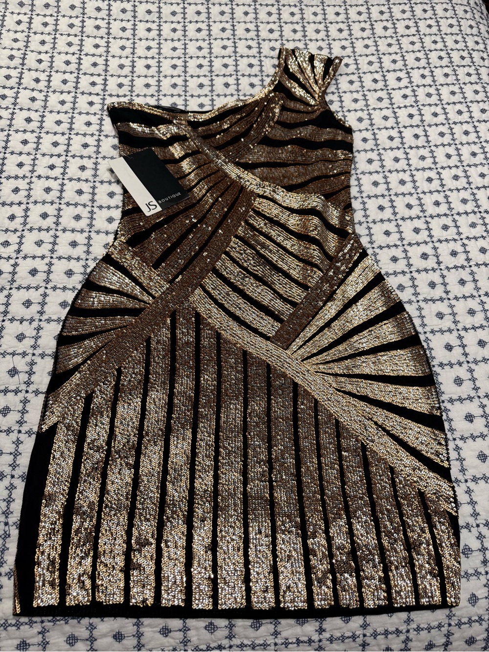 JS Collections Black and Gold One-Shoulder Sequin Bodycon Dress